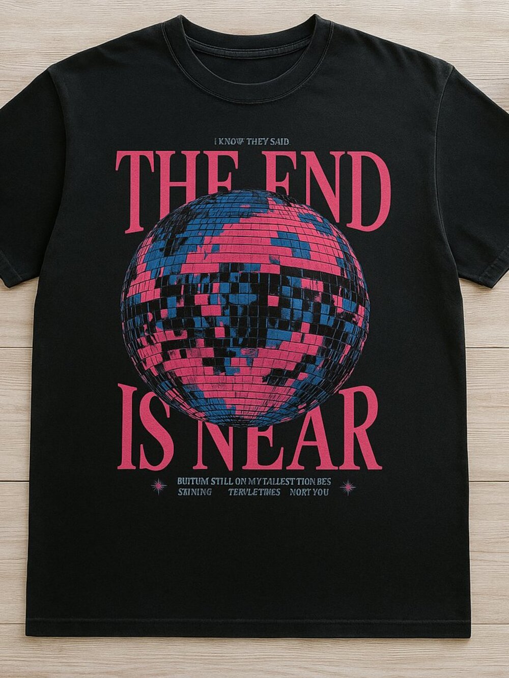 The End Is Near Disco Ball Graphic Black T-Shirt Retro Y2K Streetwear